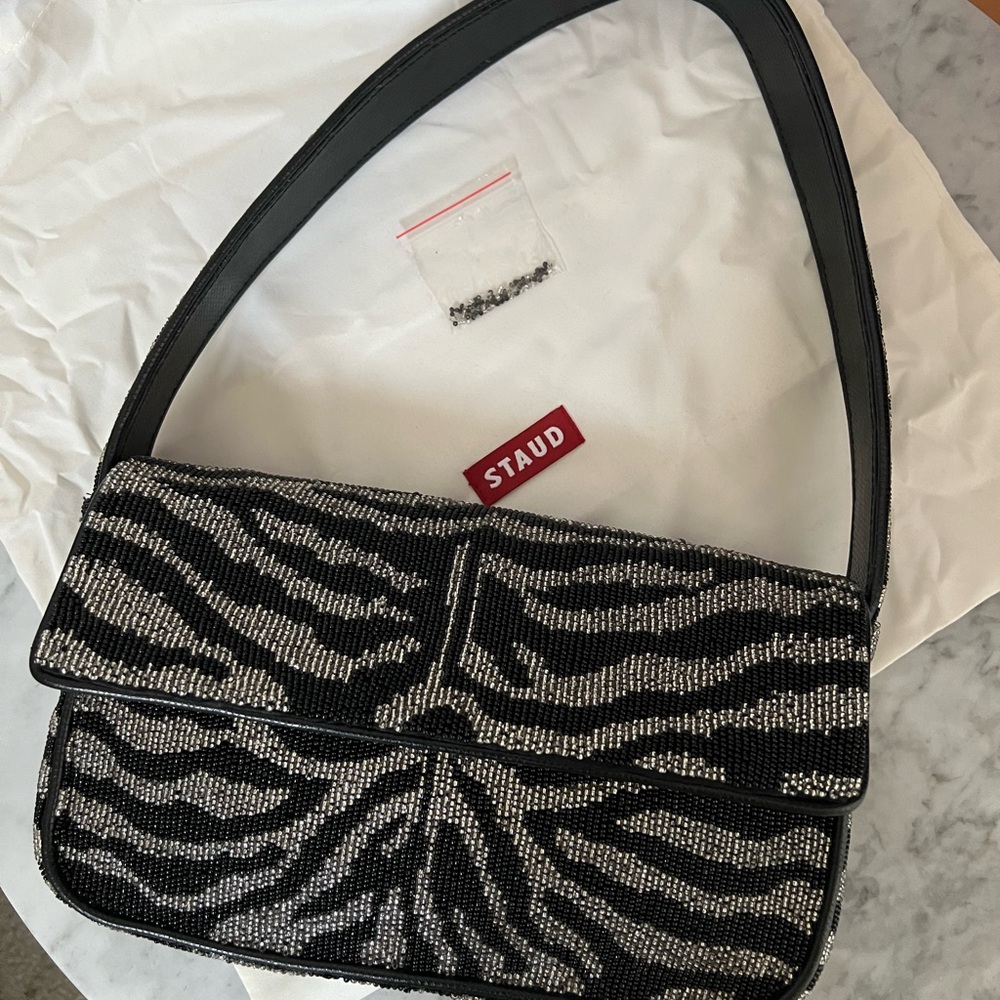 STAUD Beaded Zebra Print shoulder bag